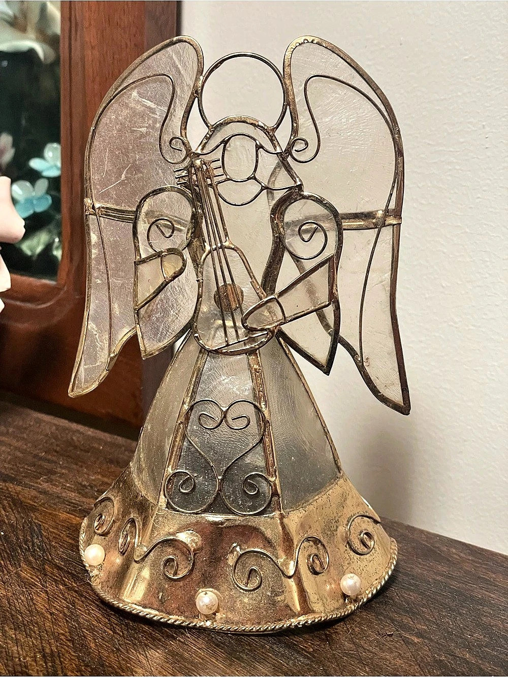 Vintage Capiz Shell Angel Harp Decorative Figurine Gold